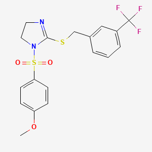 molecular formula C18H17F3N2O3S2 B2710490 1-(4-Methoxyphenyl)sulfonyl-2-[[3-(trifluoromethyl)phenyl]methylsulfanyl]-4,5-dihydroimidazole CAS No. 868218-19-3