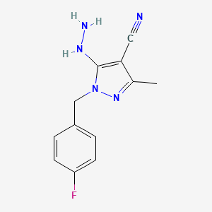 molecular formula C12H12FN5 B2710491 1-[(4-Fluorophenyl)methyl]-5-hydrazinyl-3-methylpyrazole-4-carbonitrile CAS No. 2551119-94-7