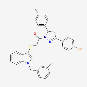 molecular formula C34H30BrN3OS B2710580 1-(3-(4-bromophenyl)-5-(p-tolyl)-4,5-dihydro-1H-pyrazol-1-yl)-2-((1-(3-methylbenzyl)-1H-indol-3-yl)thio)ethanone CAS No. 681276-06-2