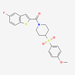 molecular formula C21H20FNO4S2 B2710639 (5-氟苯并[b]噁唑-2-基)(4-((4-甲氧基苯基)磺酰基)哌啶-1-基)甲酮 CAS No. 1798484-27-1