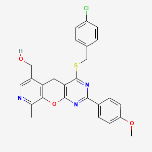 molecular formula C26H22ClN3O3S B2710657 (4-((4-chlorobenzyl)thio)-2-(4-methoxyphenyl)-9-methyl-5H-pyrido[4',3':5,6]pyrano[2,3-d]pyrimidin-6-yl)methanol CAS No. 892414-70-9
