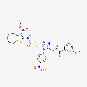 ethyl 2-[[2-[[5-[[(3-methoxybenzoyl)amino]methyl]-4-(4-nitrophenyl)-1,2,4-triazol-3-yl]sulfanyl]acetyl]amino]-5,6,7,8-tetrahydro-4H-cyclohepta[b]thiophene-3-carboxylate