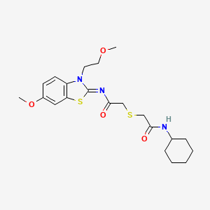 molecular formula C21H29N3O4S2 B2710685 (Z)-N-环己基-2-((2-((6-甲氧基-3-(2-甲氧基乙基)苯并[d]噻唑-2(3H)-基亚甲基)氨基)-2-氧代乙基)硫)乙酰胺 CAS No. 1164501-61-4