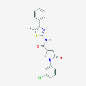 molecular formula C21H18ClN3O2S B271071 1-(3-chlorophenyl)-N-(5-methyl-4-phenyl-1,3-thiazol-2-yl)-5-oxo-3-pyrrolidinecarboxamide 