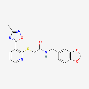 molecular formula C18H16N4O4S B2710755 N-(benzo[d][1,3]dioxol-5-ylmethyl)-2-((3-(3-methyl-1,2,4-oxadiazol-5-yl)pyridin-2-yl)thio)acetamide CAS No. 1251631-37-4