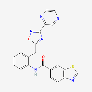 molecular formula C21H14N6O2S B2710820 N-(2-((3-(pyrazin-2-yl)-1,2,4-oxadiazol-5-yl)methyl)phenyl)benzo[d]thiazole-6-carboxamide CAS No. 2034584-75-1