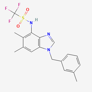 molecular formula C18H18F3N3O2S B2710955 N-[5,6-二甲基-1-(3-甲基苄基)-1H-1,3-苯并咪唑-4-基](三氟甲磺酰)胺 CAS No. 338423-71-5
