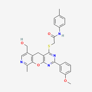 molecular formula C28H26N4O4S B2710995 2-{[11-(hydroxymethyl)-5-(3-methoxyphenyl)-14-methyl-2-oxa-4,6,13-triazatricyclo[8.4.0.0^{3,8}]tetradeca-1(10),3(8),4,6,11,13-hexaen-7-yl]sulfanyl}-N-(4-methylphenyl)acetamide CAS No. 892380-84-6