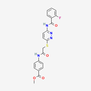molecular formula C21H17FN4O4S B2711122 对甲酯基 4-(2-((6-(2-氟苯甲酰胺)吡啶并[3,4-d]嘧啶-3-基)硫)乙酰胺基)苯甲酸甲酯 CAS No. 1021060-80-9