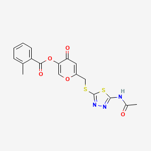 molecular formula C18H15N3O5S2 B2711202 6-(((5-acetamido-1,3,4-thiadiazol-2-yl)thio)methyl)-4-oxo-4H-pyran-3-yl 2-methylbenzoate CAS No. 896014-02-1