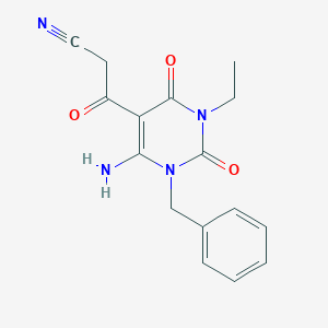 molecular formula C16H16N4O3 B2711316 3-(6-Amino-1-benzyl-3-ethyl-2,4-dioxo-1,2,3,4-tetrahydropyrimidin-5-yl)-3-oxopropanenitrile CAS No. 571149-75-2