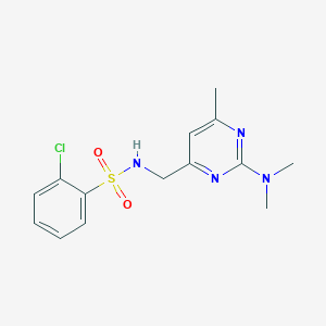 molecular formula C14H17ClN4O2S B2711352 2-chloro-N-((2-(dimethylamino)-6-methylpyrimidin-4-yl)methyl)benzenesulfonamide CAS No. 1797721-59-5