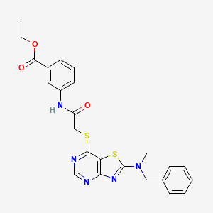 molecular formula C24H23N5O3S2 B2711378 乙酸-3-(2-((2-(苄基(甲基)氨基)噻唑并[4,5-d]嘧啶-7-基)硫)乙酰氨基)苯甲酸酯 CAS No. 1190022-97-9