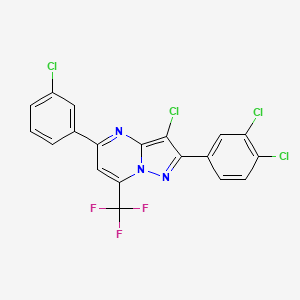 molecular formula C19H8Cl4F3N3 B2711394 3-Chloro-5-(3-chlorophenyl)-2-(3,4-dichlorophenyl)-7-(trifluoromethyl)pyrazolo[1,5-a]pyrimidine CAS No. 691868-55-0