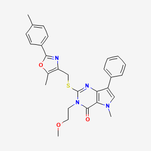molecular formula C28H28N4O3S B2711415 3-(2-methoxyethyl)-5-methyl-2-(((5-methyl-2-(p-tolyl)oxazol-4-yl)methyl)thio)-7-phenyl-3H-pyrrolo[3,2-d]pyrimidin-4(5H)-one CAS No. 1111983-30-2