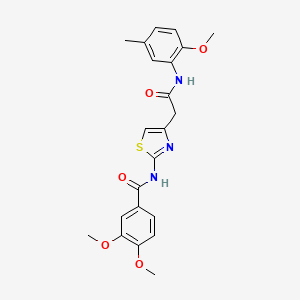 molecular formula C22H23N3O5S B2711468 3,4-dimethoxy-N-(4-(2-((2-methoxy-5-methylphenyl)amino)-2-oxoethyl)thiazol-2-yl)benzamide CAS No. 921544-97-0