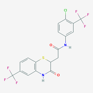 molecular formula C18H11ClF6N2O2S B2711549 N-[4-chloro-3-(trifluoromethyl)phenyl]-2-[3-oxo-6-(trifluoromethyl)-3,4-dihydro-2H-1,4-benzothiazin-2-yl]acetamide CAS No. 431926-79-3