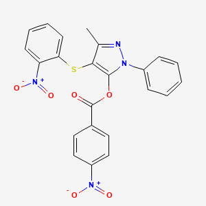 molecular formula C23H16N4O6S B2711586 3-甲基-4-((2-硝基苯基)硫基)-1-苯基-1H-吡唑-5-基-4-硝基苯甲酸酯 CAS No. 302940-53-0