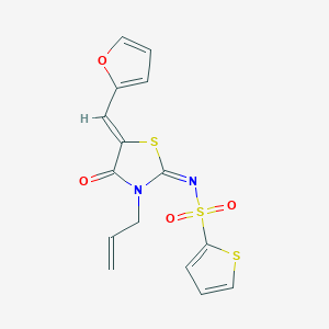 molecular formula C15H12N2O4S3 B2711607 (E)-N-((Z)-3-烯丙基-5-(呋喃-2-基甲亚甲基)-4-氧代噻唑烷-2-亚甲基)噻吩-2-磺酰胺 CAS No. 753469-64-6