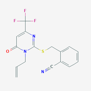molecular formula C16H12F3N3OS B2711623 2-({[1-Allyl-6-oxo-4-(trifluoromethyl)-1,6-dihydro-2-pyrimidinyl]sulfanyl}methyl)benzenecarbonitrile CAS No. 866143-17-1