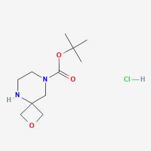 molecular formula C11H21ClN2O3 B2711688 叔丁基-2-氧代-5,8-二氮杂螺[3.5]壬烷-8-羧酸酯；盐酸盐 CAS No. 2413882-97-8