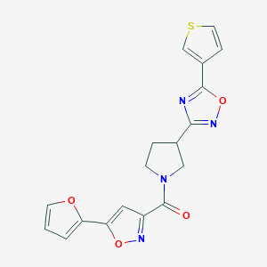 molecular formula C18H14N4O4S B2711765 (5-(Furan-2-yl)isoxazol-3-yl)(3-(5-(thiophen-3-yl)-1,2,4-oxadiazol-3-yl)pyrrolidin-1-yl)methanone CAS No. 2034413-76-6