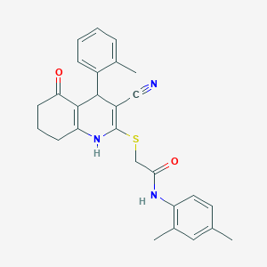 molecular formula C27H27N3O2S B2711808 2-((3-cyano-5-oxo-4-(o-tolyl)-1,4,5,6,7,8-hexahydroquinolin-2-yl)thio)-N-(2,4-dimethylphenyl)acetamide CAS No. 384356-62-1