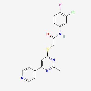 molecular formula C18H14ClFN4OS B2711813 N-(3-chloro-4-fluorophenyl)-2-((2-methyl-6-(pyridin-4-yl)pyrimidin-4-yl)thio)acetamide CAS No. 1251574-84-1