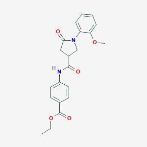 molecular formula C21H22N2O5 B271182 Ethyl 4-({[1-(2-methoxyphenyl)-5-oxo-3-pyrrolidinyl]carbonyl}amino)benzoate 