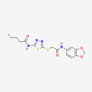 molecular formula C16H18N4O4S2 B2711864 N-[5-[2-(1,3-benzodioxol-5-ylamino)-2-oxoethyl]sulfanyl-1,3,4-thiadiazol-2-yl]pentanamide CAS No. 868976-58-3