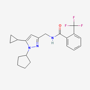 molecular formula C20H22F3N3O B2711908 N-((1-cyclopentyl-5-cyclopropyl-1H-pyrazol-3-yl)methyl)-2-(trifluoromethyl)benzamide CAS No. 1448056-43-6