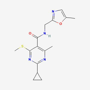 molecular formula C15H18N4O2S B2711933 2-cyclopropyl-4-methyl-N-[(5-methyl-1,3-oxazol-2-yl)methyl]-6-(methylsulfanyl)pyrimidine-5-carboxamide CAS No. 1394651-93-4