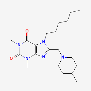 molecular formula C20H33N5O2 B2712016 7-hexyl-1,3-dimethyl-8-[(4-methylpiperidin-1-yl)methyl]-2,3,6,7-tetrahydro-1H-purine-2,6-dione CAS No. 851942-01-3