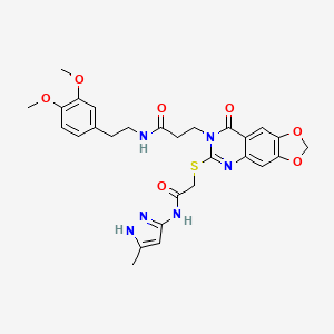 molecular formula C28H30N6O7S B2712033 N-(3,4-二甲氧基苯乙基)-3-(6-((2-((3-甲基-1H-吡唑-5-基)氨基)-2-氧代乙基)硫)-8-氧代-[1,3]二氧杂环[4,5-g]喹唑啉-7(8H)-基)丙酰胺 CAS No. 896706-04-0