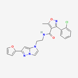 molecular formula C22H18ClN5O3 B2712061 3-(2-chlorophenyl)-N-(2-(6-(furan-2-yl)-1H-imidazo[1,2-b]pyrazol-1-yl)ethyl)-5-methylisoxazole-4-carboxamide CAS No. 1795490-35-5
