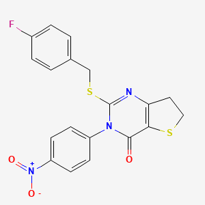 molecular formula C19H14FN3O3S2 B2712066 2-((4-fluorobenzyl)thio)-3-(4-nitrophenyl)-6,7-dihydrothieno[3,2-d]pyrimidin-4(3H)-one CAS No. 850916-01-7