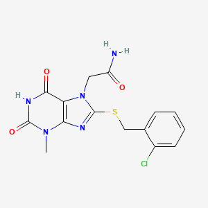 molecular formula C15H14ClN5O3S B2712127 2-(8-((2-chlorobenzyl)thio)-3-methyl-2,6-dioxo-2,3-dihydro-1H-purin-7(6H)-yl)acetamide CAS No. 303969-53-1