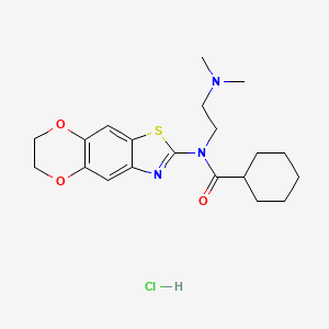 molecular formula C20H28ClN3O3S B2712144 N-(6,7-dihydro-[1,4]dioxino[2',3':4,5]benzo[1,2-d]thiazol-2-yl)-N-(2-(dimethylamino)ethyl)cyclohexanecarboxamide hydrochloride CAS No. 1216916-48-1