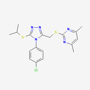 molecular formula C18H20ClN5S2 B2712155 2-[[4-(4-Chlorophenyl)-5-propan-2-ylsulfanyl-1,2,4-triazol-3-yl]methylsulfanyl]-4,6-dimethylpyrimidine CAS No. 868222-53-1
