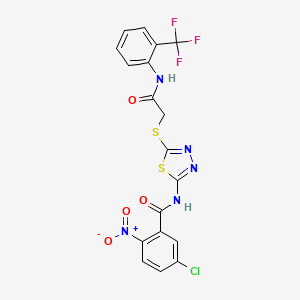 molecular formula C18H11ClF3N5O4S2 B2712202 5-chloro-2-nitro-N-[5-[2-oxo-2-[2-(trifluoromethyl)anilino]ethyl]sulfanyl-1,3,4-thiadiazol-2-yl]benzamide CAS No. 389072-94-0