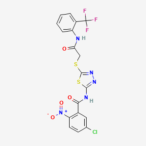 molecular formula C18H11ClF3N5O4S2 B2712202 5-氯-2-硝基-N-[5-[2-氧代-2-[2-(三氟甲基)苯胺基]乙基]硫基-1,3,4-噻二唑-2-基]苯甲酰胺 CAS No. 389072-94-0