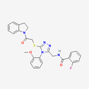 molecular formula C27H24FN5O3S B2712312 N-[[5-[2-(2,3-dihydroindol-1-yl)-2-oxoethyl]sulfanyl-4-(2-methoxyphenyl)-1,2,4-triazol-3-yl]methyl]-2-fluorobenzamide CAS No. 391898-80-9