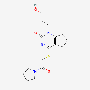 molecular formula C16H23N3O3S B2712375 1-(3-hydroxypropyl)-4-((2-oxo-2-(pyrrolidin-1-yl)ethyl)thio)-6,7-dihydro-1H-cyclopenta[d]pyrimidin-2(5H)-one CAS No. 899977-44-7
