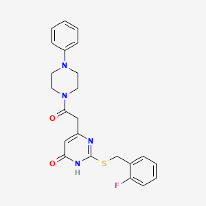 molecular formula C23H23FN4O2S B2712442 2-((2-fluorobenzyl)thio)-6-(2-oxo-2-(4-phenylpiperazin-1-yl)ethyl)pyrimidin-4(3H)-one CAS No. 1105239-70-0