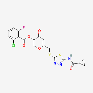 molecular formula C19H13ClFN3O5S2 B2712463 6-(((5-(cyclopropanecarboxamido)-1,3,4-thiadiazol-2-yl)thio)methyl)-4-oxo-4H-pyran-3-yl 2-chloro-6-fluorobenzoate CAS No. 877651-37-1