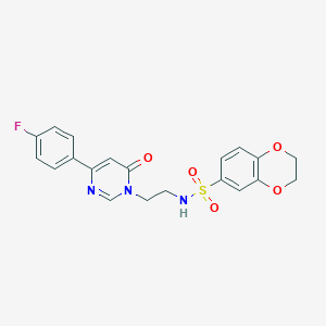 molecular formula C20H18FN3O5S B2712464 N-(2-(4-(4-fluorophenyl)-6-oxopyrimidin-1(6H)-yl)ethyl)-2,3-dihydrobenzo[b][1,4]dioxine-6-sulfonamide CAS No. 1351610-38-2