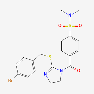 molecular formula C19H20BrN3O3S2 B2712486 4-(2-((4-bromobenzyl)thio)-4,5-dihydro-1H-imidazole-1-carbonyl)-N,N-dimethylbenzenesulfonamide CAS No. 851800-82-3