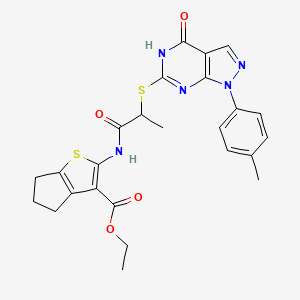 ethyl 2-(2-((4-oxo-1-(p-tolyl)-4,5-dihydro-1H-pyrazolo[3,4-d]pyrimidin-6-yl)thio)propanamido)-5,6-dihydro-4H-cyclopenta[b]thiophene-3-carboxylate