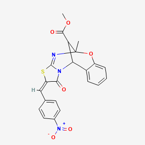 molecular formula C22H17N3O6S B2712521 (E)-methyl 5-methyl-2-(4-nitrobenzylidene)-1-oxo-1,2,5,11-tetrahydro-5,11-methanobenzo[g]thiazolo[2,3-d][1,3,5]oxadiazocine-13-carboxylate CAS No. 1025153-52-9