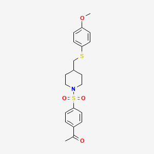 molecular formula C21H25NO4S2 B2712575 1-(4-((4-(((4-Methoxyphenyl)thio)methyl)piperidin-1-yl)sulfonyl)phenyl)ethanone CAS No. 1421451-22-0